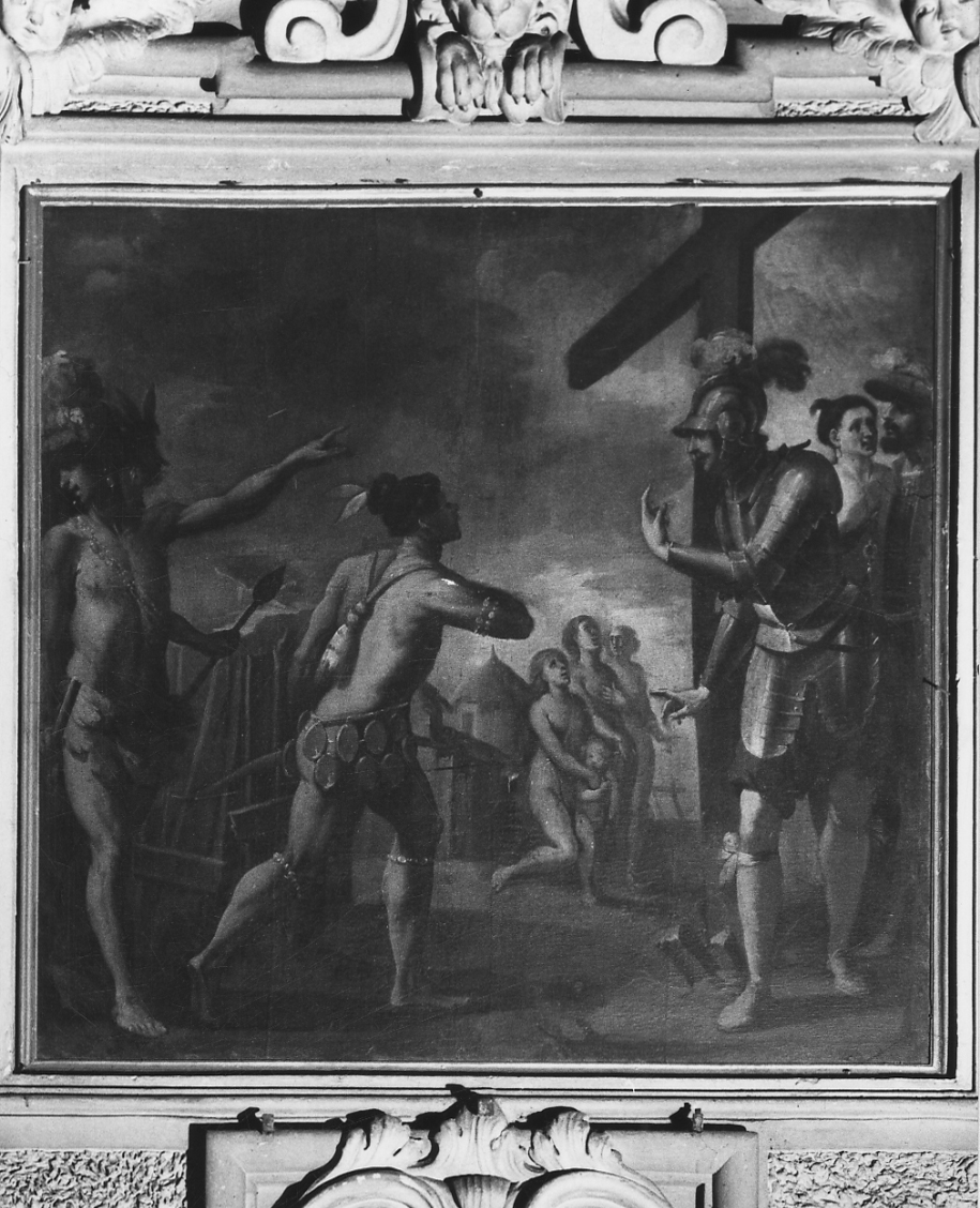 Cristoforo Colombo pianta la Croce sul Nuovo Mondo (dipinto, elemento d'insieme) di Bruno Giulio, Bruno Giovanni Battista (secondo quarto sec. XVII)