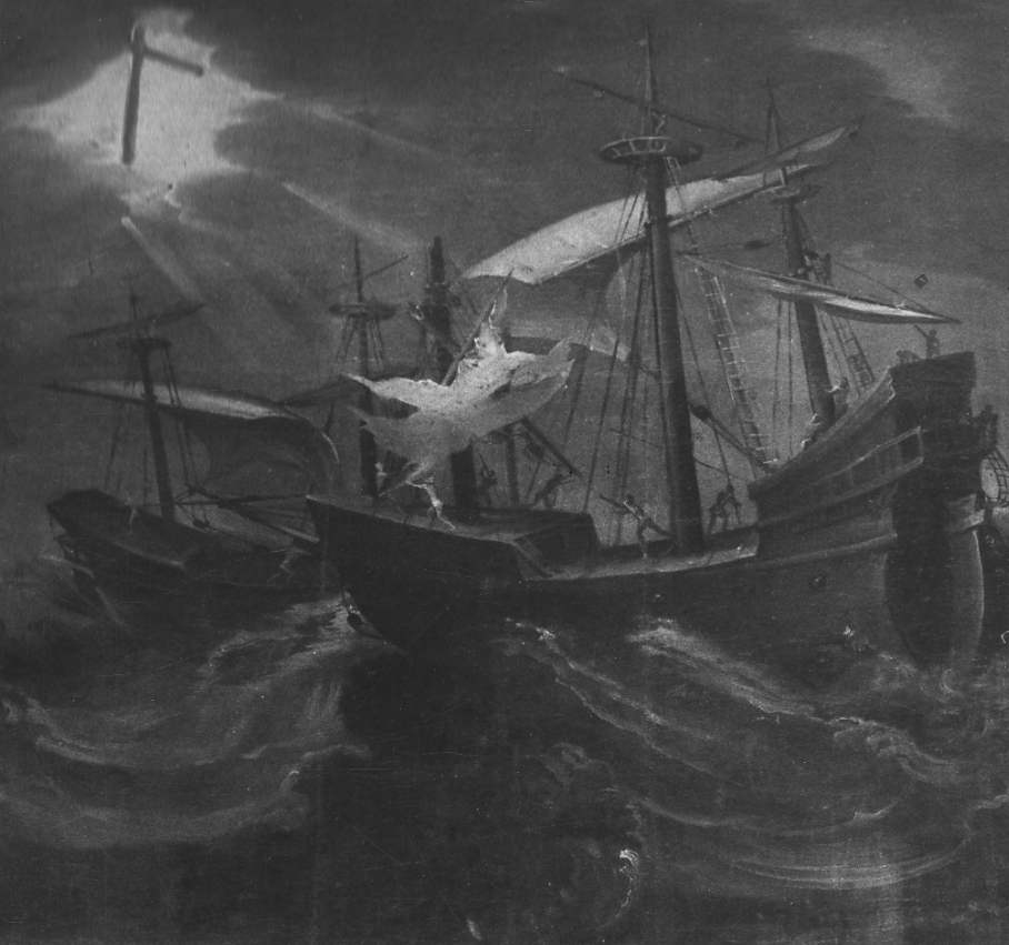 apparizione della Croce salva dal naufragio la spedizione di Cristoforo Colombo (dipinto, elemento d'insieme) di Bruno Giulio, Bruno Giovanni Battista (secondo quarto sec. XVII)