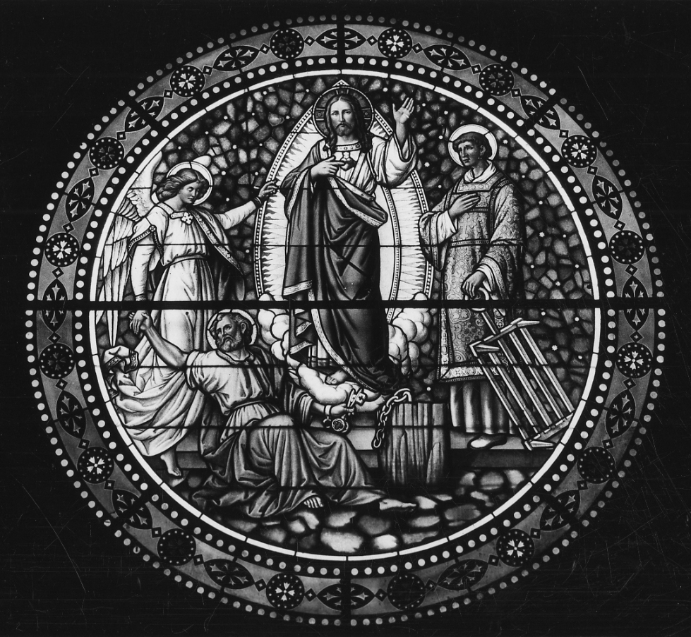 sacro Cuore di Gesù fra san Pietro e San Lorenzo (vetrata, opera isolata) - bottega cuneese (ultimo quarto sec. XIX)