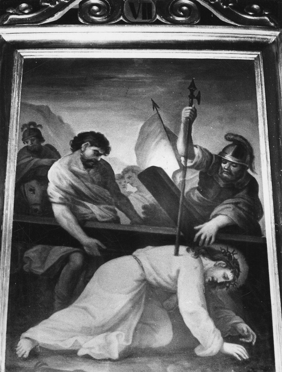 stazione VII: Gesù cade sotto la croce la seconda volta (dipinto, elemento d'insieme) - ambito cuneese (seconda metà sec. XIX)