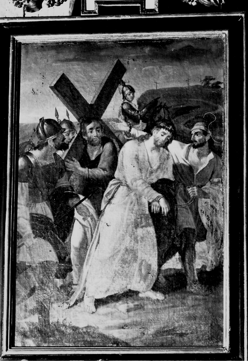 stazione V: Gesù aiutato da Simone il Cireneo a portare la croce (dipinto, elemento d'insieme) di Piolla Giuseppe (metà sec. XIX)