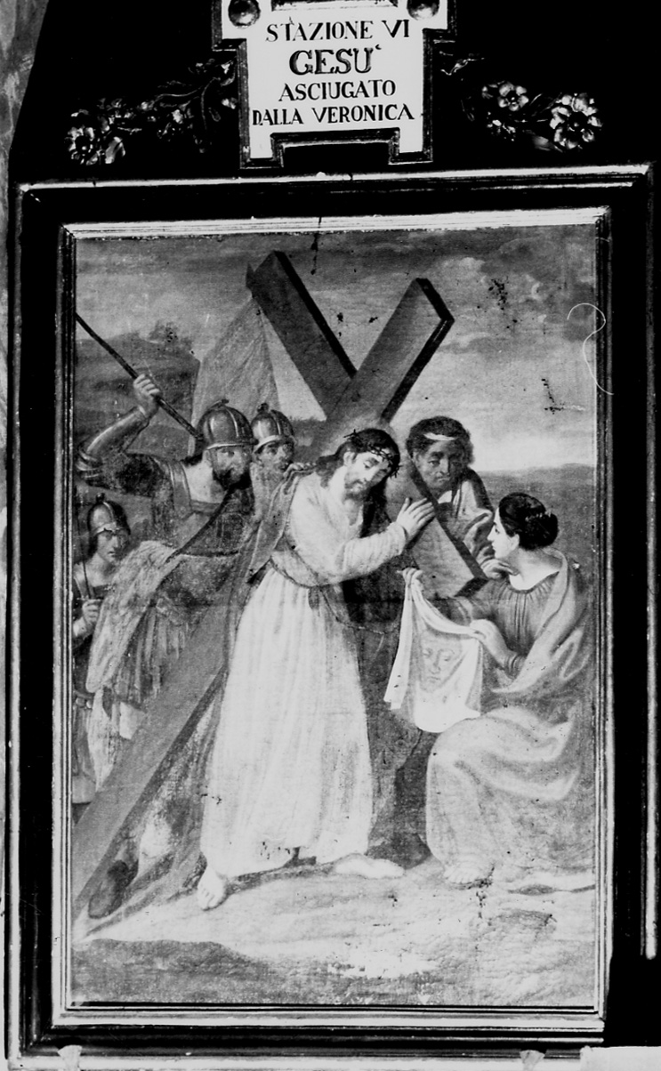 stazione VI: Gesù asciugato dalla Veronica (dipinto, elemento d'insieme) di Piolla Giuseppe (metà sec. XIX)