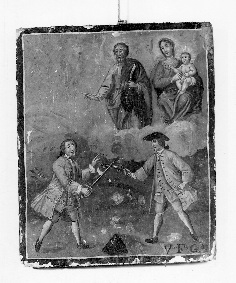 Intervento della Madonna e San Bartolomeo per salvare in un duello (ex voto, opera isolata) - ambito cuneese (sec. XVIII)