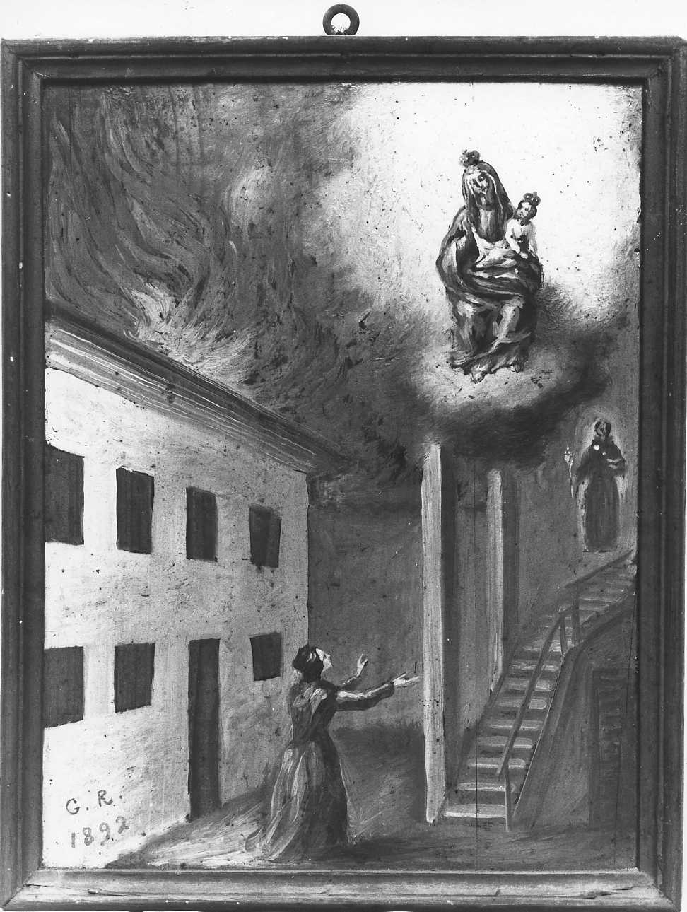Madonna con Bambino e Sant'Antonio da Padova intercedono in un incendio (ex voto, opera isolata) - ambito piemontese (fine sec. XIX)
