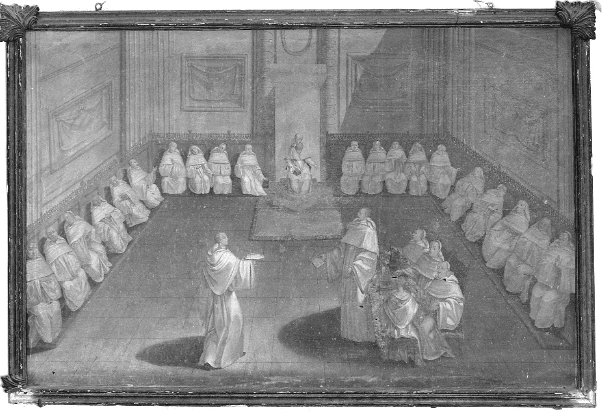 visita di San Francesco di Sales ai monaci di Staffarda (dipinto, opera isolata) - ambito piemontese (seconda metà sec. XIX)