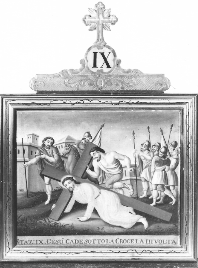 stazione IX: Gesù cade sotto la croce la terza volta (dipinto, elemento d'insieme) di Ferraris Domenico (sec. XIX)