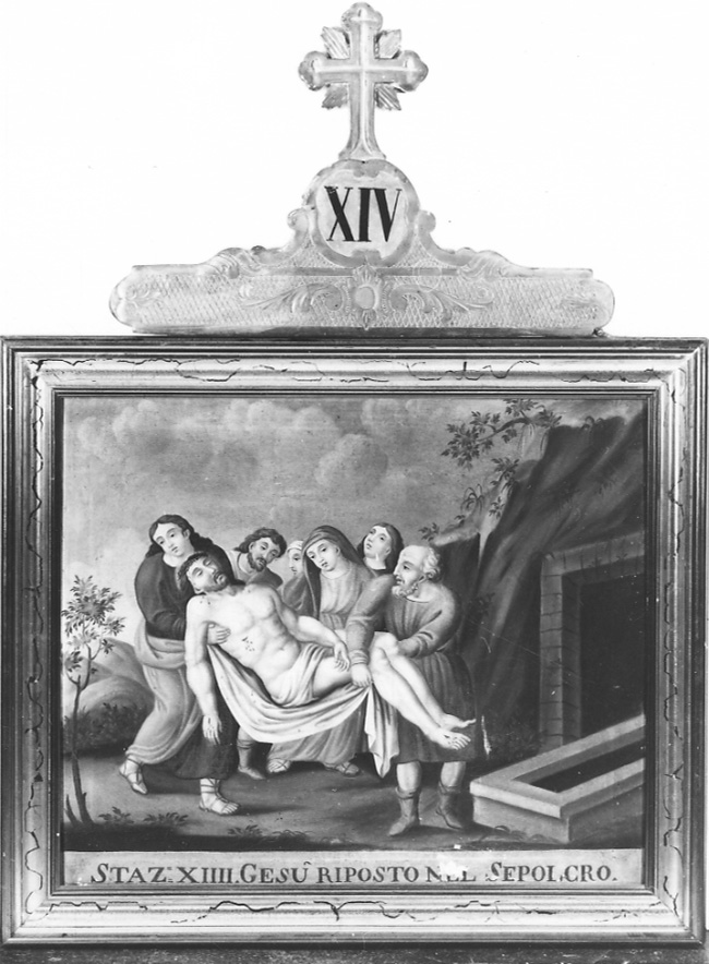 stazione XIV: Gesù deposto nel sepolcro (dipinto, elemento d'insieme) di Ferraris Domenico (sec. XIX)