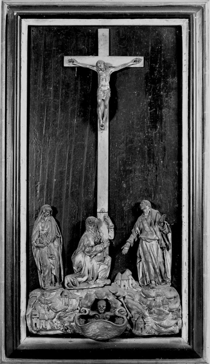 crocifissione di Cristo con la Madonna e santi (acquasantiera pensile, opera isolata) - bottega novarese (fine sec. XVI)