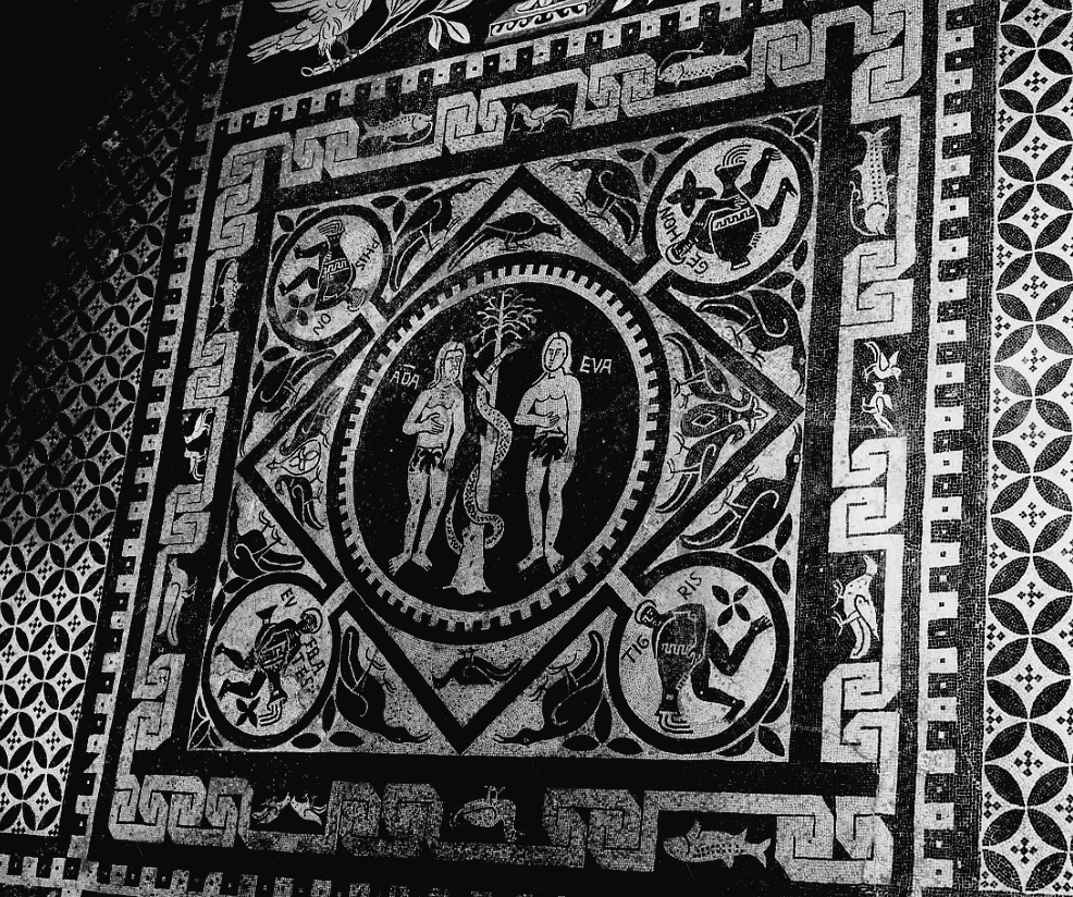 tentazione e caduta di Adamo e Eva (decorazione musiva, opera isolata) di Avon Giovanni Battista - bottega padana (primo quarto, secondo quarto sec. XII, sec. XIX)