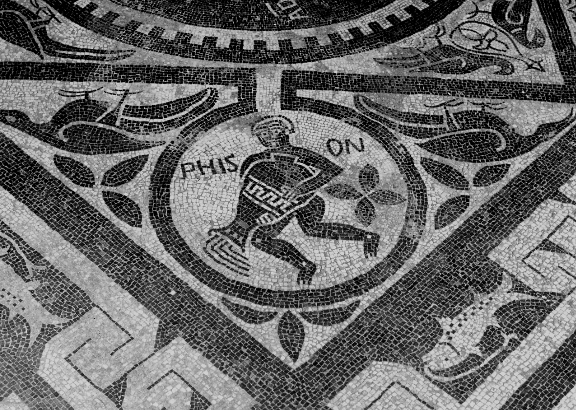 personificazione del fiume Phison (decorazione musiva, elemento d'insieme) di Avon Giovanni Battista - bottega padana (primo quarto, secondo quarto sec. XII, sec. XIX)