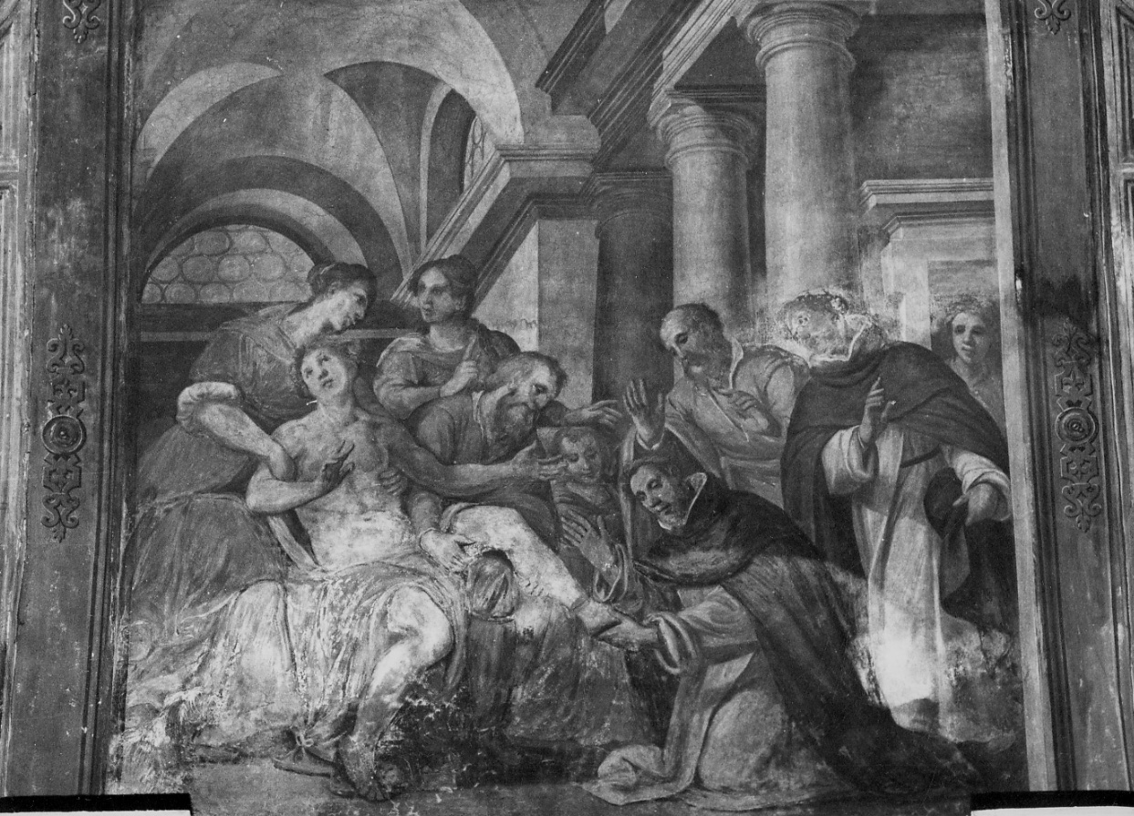 San Pietro Martire riattacca il piede ad una giovane (dipinto, elemento d'insieme) di Della Rovere Giovanni Mauro detto Fiamminghino (attribuito) (secondo quarto sec. XVII)