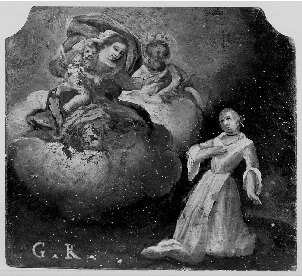 Intervento della Madonna con Bambino e Santo (ex voto, opera isolata) - ambito oleggese (sec. XVIII)
