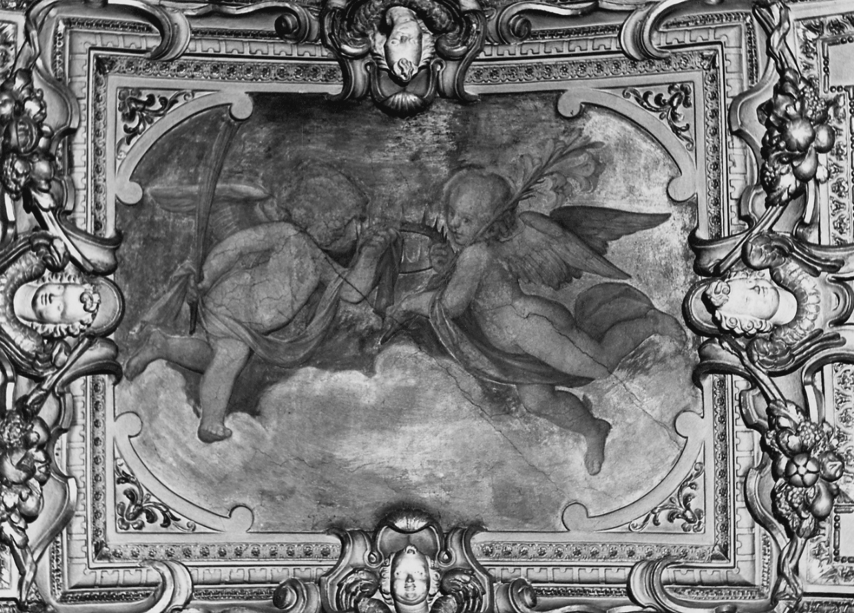 angeli con corona e simboli del martirio (decorazione pittorica, opera isolata) di Caccia Guglielmo detto Moncalvo (attribuito) (primo quarto sec. XVII)