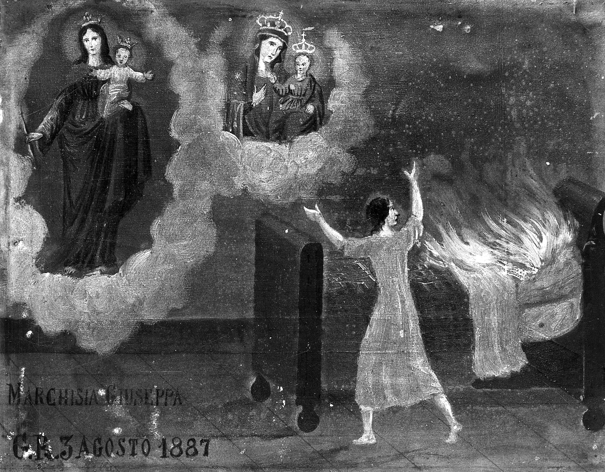 Intervento della Madonna della Consolata e di Maria Ausiliatrice per sventare un incidente (ex voto, opera isolata) - ambito piemontese (ultimo quarto sec. XIX)