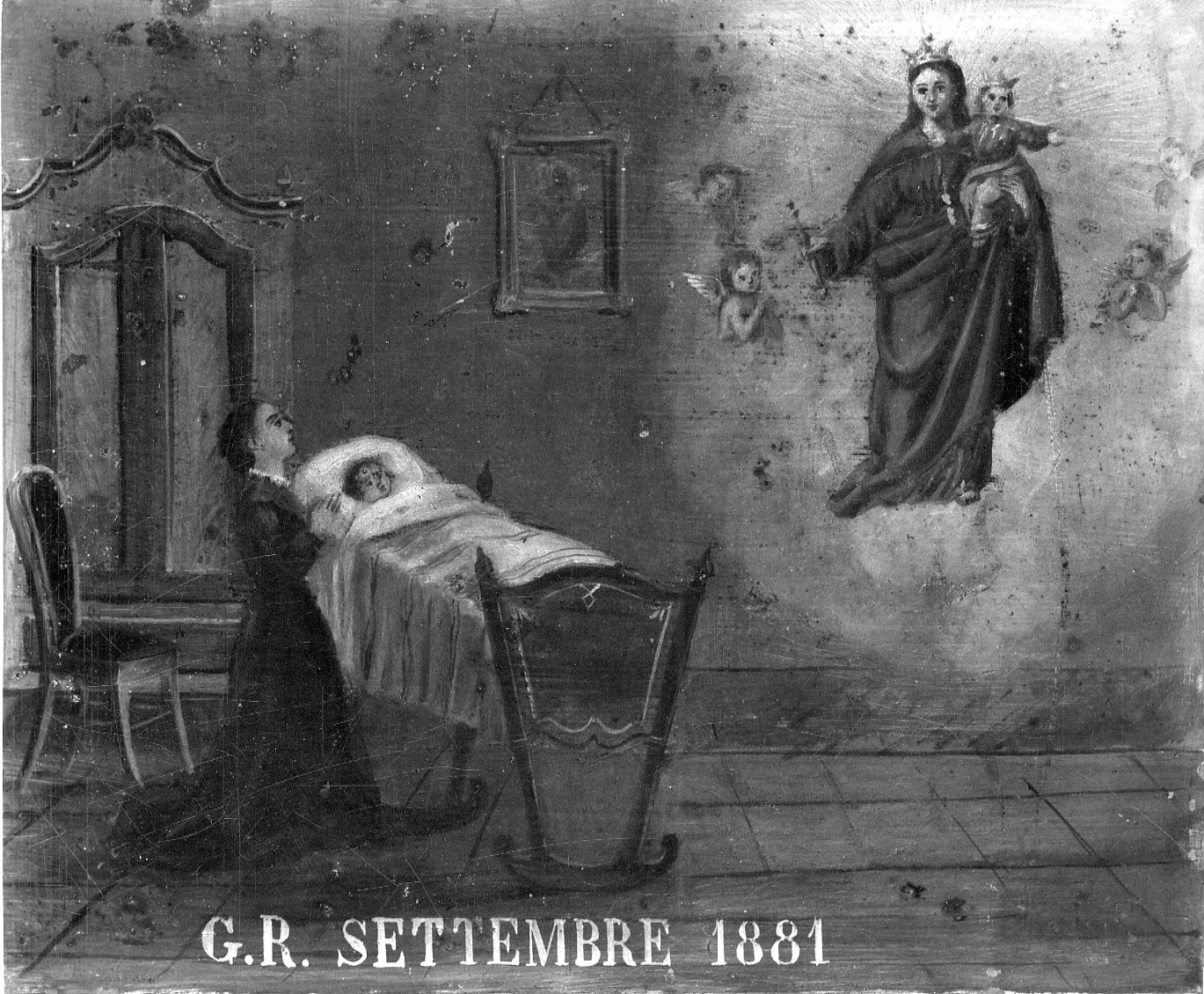 Intervento di Maria Ausiliatrice per guarigione (ex voto, opera isolata) di Gradis G.tta Ditta (ultimo quarto sec. XIX)