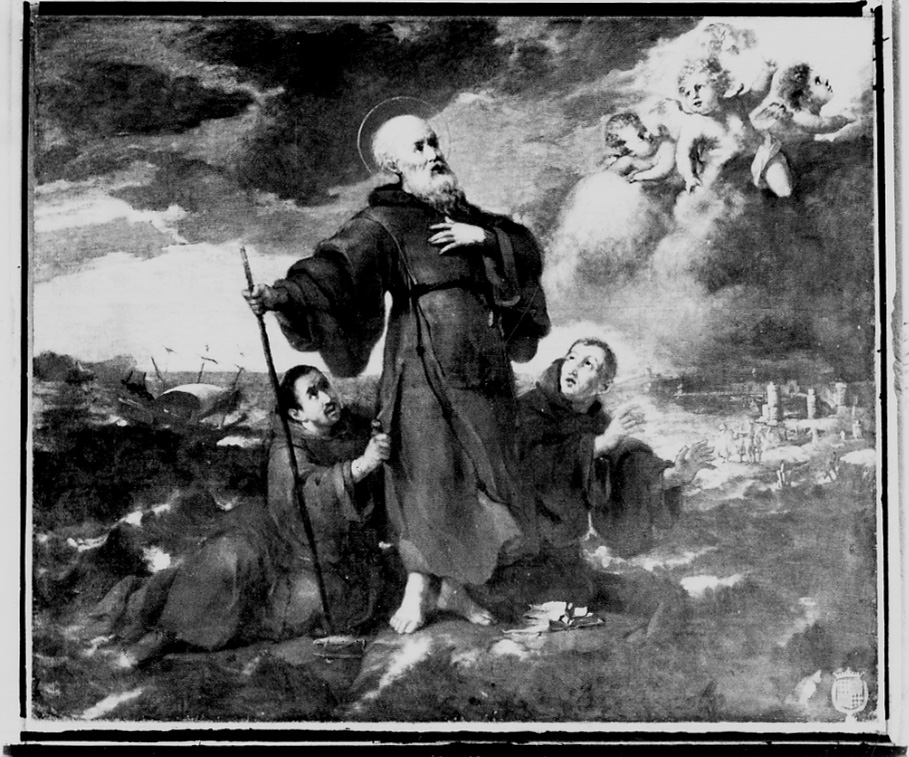 San Francesco di Paola attraversa lo stretto di Messina sul suo mantello (dipinto, opera isolata) di Dauphin Charles-Claude (terzo quarto sec. XVII)