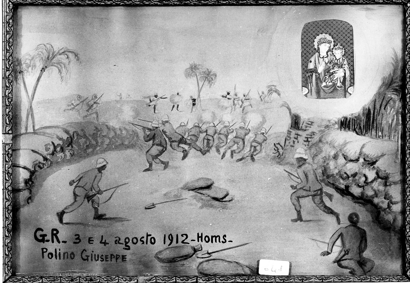 Intervento della Madonna della Consolata per salvare dalla guerra (ex voto, opera isolata) di Azeglio (primo quarto sec. XX)