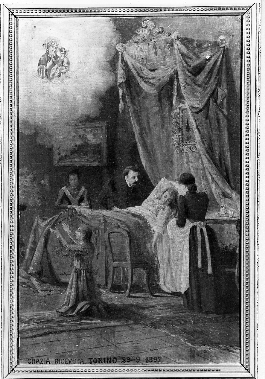 Intervento della Madonna della Consolata per guarigione (ex voto, opera isolata) di Massoglia G (fine sec. XIX)