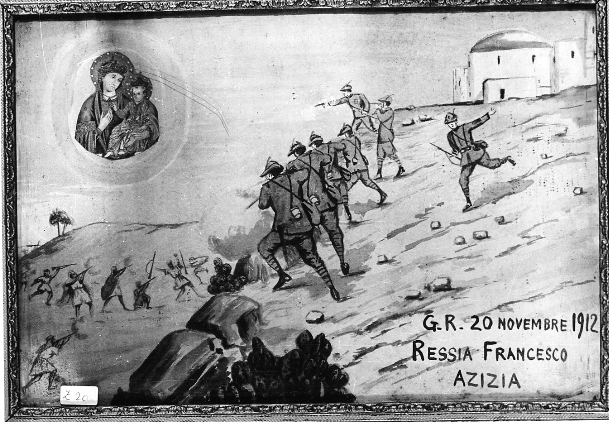 Intervento della Madonna della Consolata per salvare dalla guerra (ex voto, opera isolata) di Azeglio (primo quarto sec. XX)