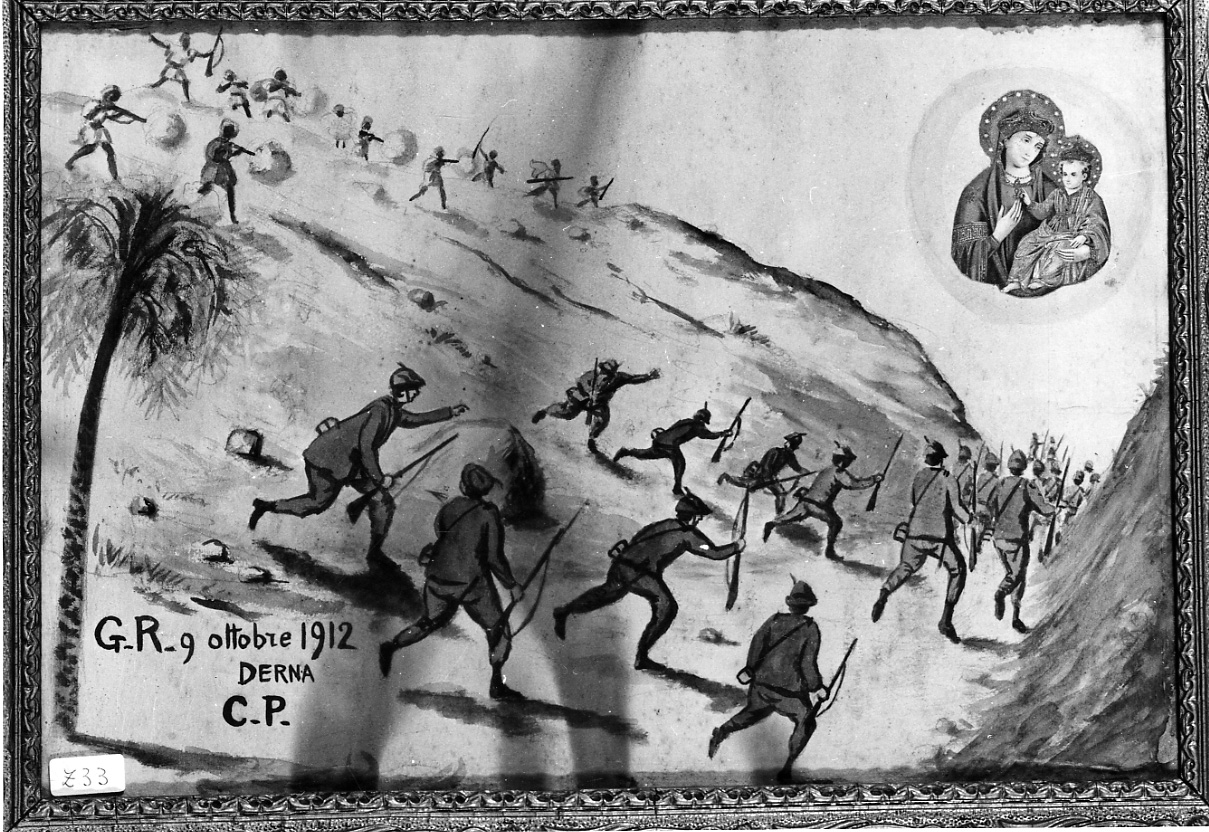 Intervento della Madonna della Consolata per salvare dalla guerra (ex voto, opera isolata) di Azeglio (primo quarto sec. XX)