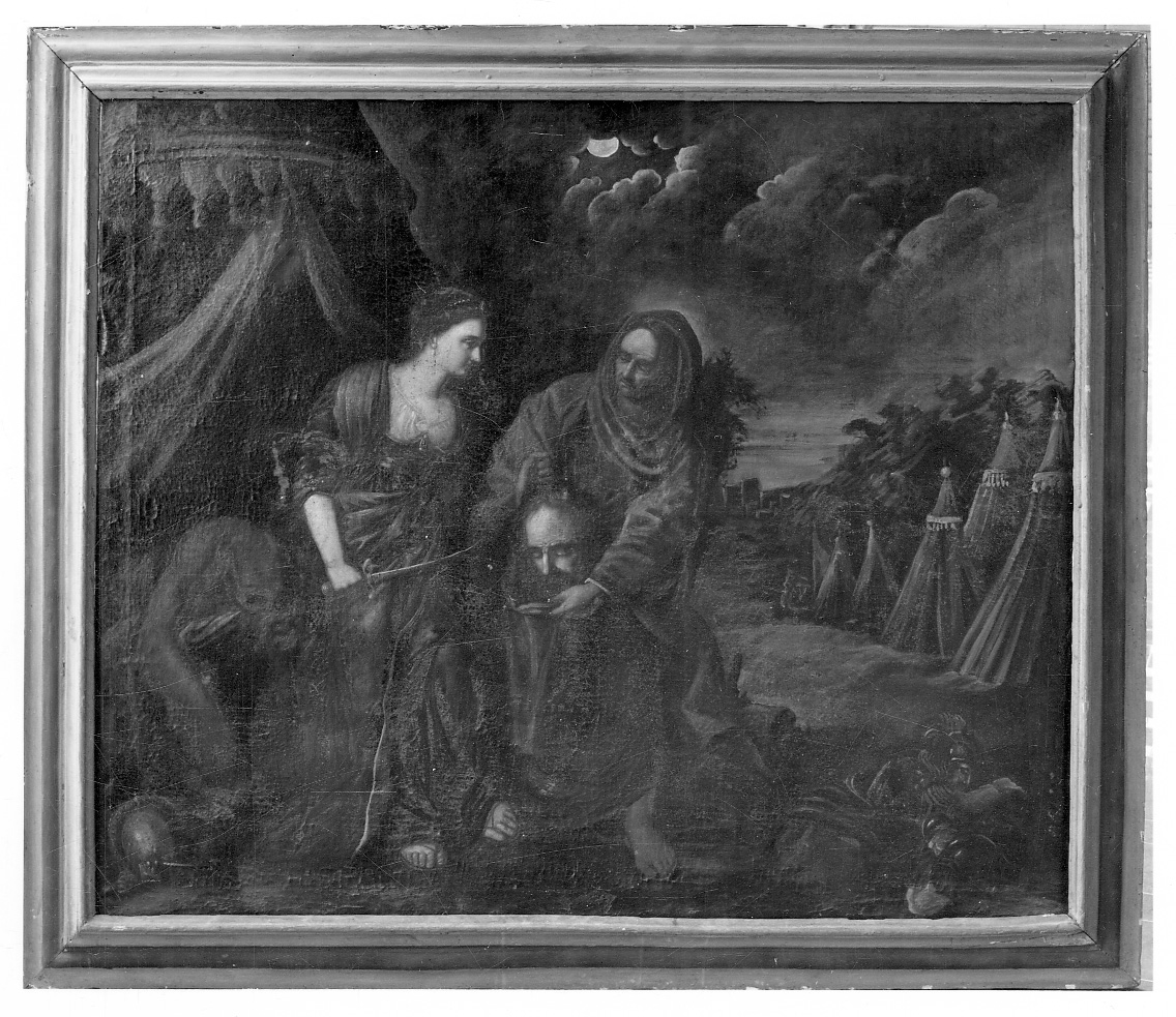 Giuditta e la sua ancella mettono la testa di Oloferne su un piatto e la coprono con un panno (dipinto, opera isolata) - ambito piemontese (sec. XVIII)