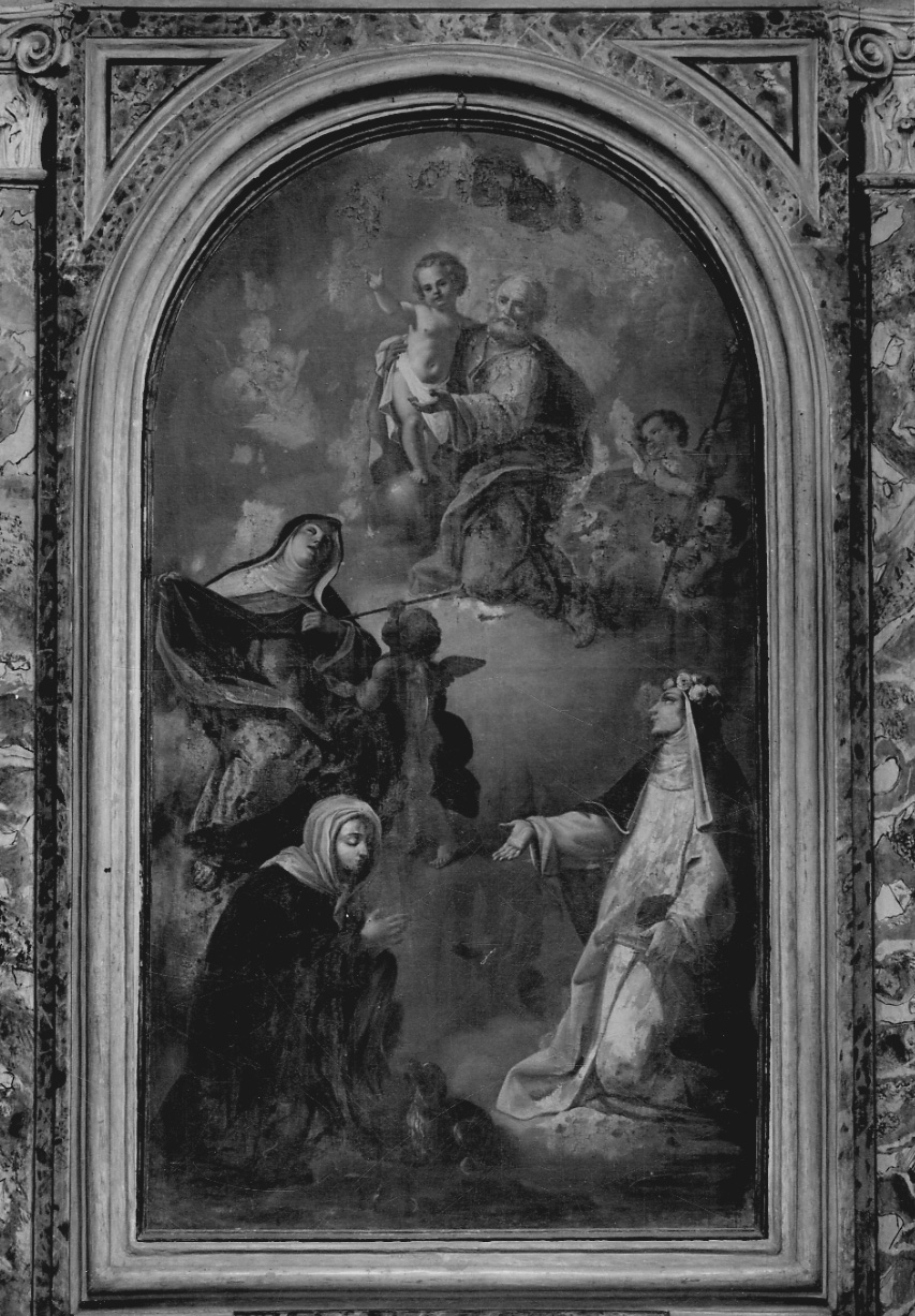 San Giuseppe e Gesù Bambino con Santa Teresa, Santa Rosa e Santa Margherita (dipinto, opera isolata) di Mayerle Francesco Antonio (scuola) (terzo quarto sec. XVIII)