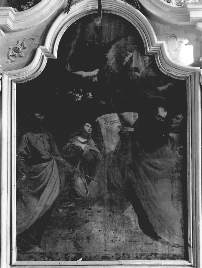 Annunciazione con San Bovo, San Bernardino da Siena e San Marco (dipinto, opera isolata) di Prelasca Amanzio (terzo quarto sec. XVII)