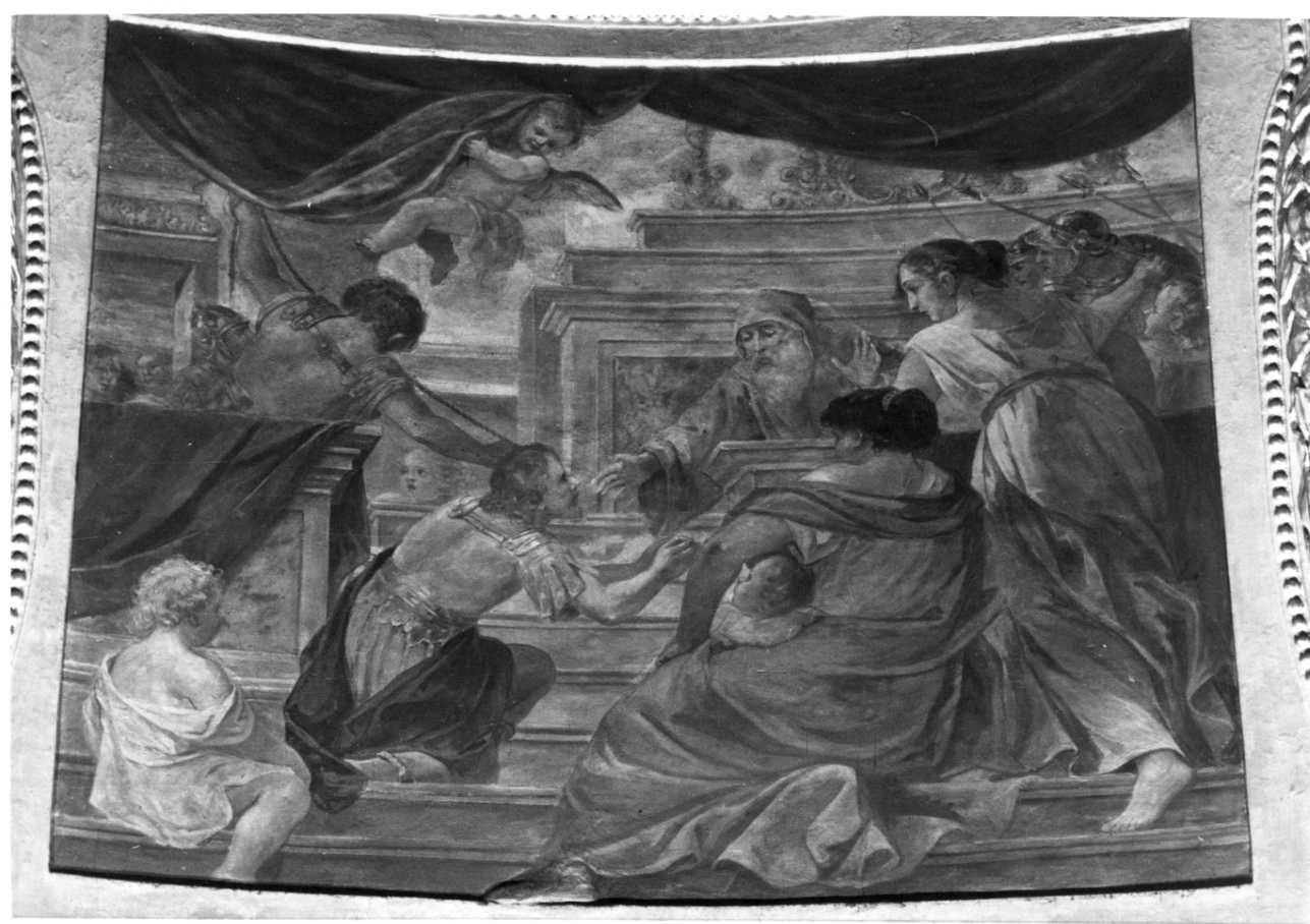 soldato che chiede perdono a San Francesco di Paola (dipinto, elemento d'insieme) di Dauphin Charles-Claude (terzo quarto sec. XVII)