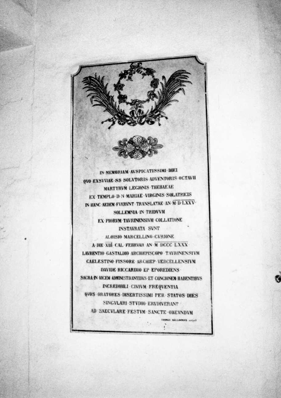 lapide celebrativa, opera isolata di Vallauri Tommaso (ultimo quarto sec. XIX)