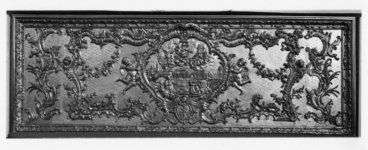 Il parroco Ceresia invoca la protezione della Madonna con Bambino e i santi Giovanni Battista e Remigio (paliotto, opera isolata) - ambito piemontese (metà sec. XVIII)