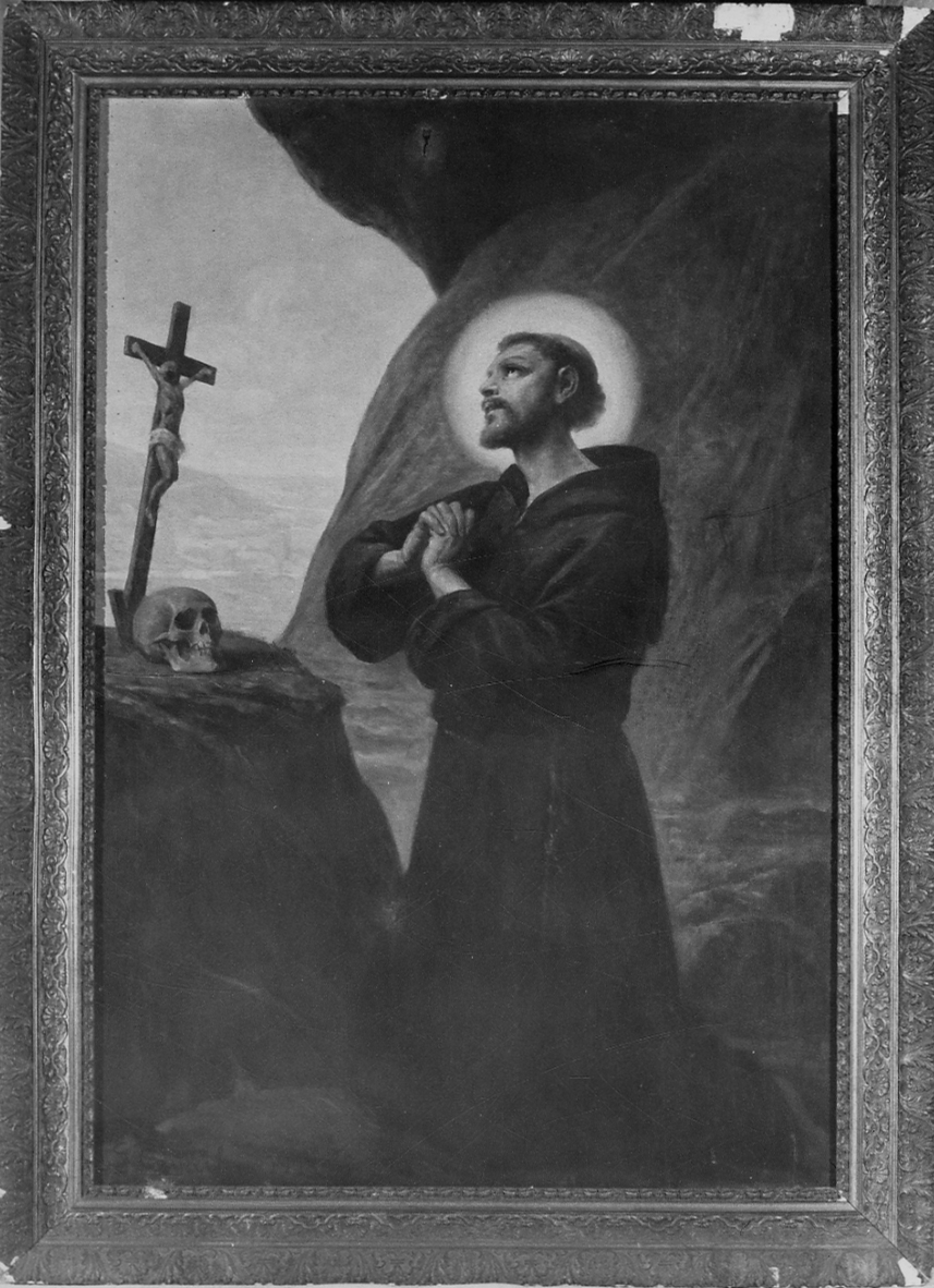 San Francesco d'Assisi in preghiera davanti alla croce (dipinto, opera isolata) di Cavalli Giuseppe (primo quarto sec. XX)