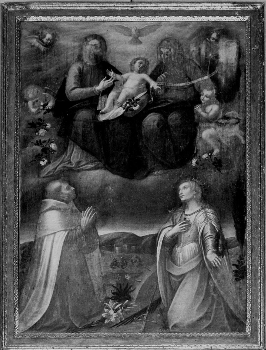 Madonna con Gesù Bambino San Giovanni Battista bambino, Sant'Elisabetta, San Alberto e Santa Caterina d'Alessandria (pala d'altare, opera isolata) di Caccia Orsola Maddalena (maniera) (sec. XVII)