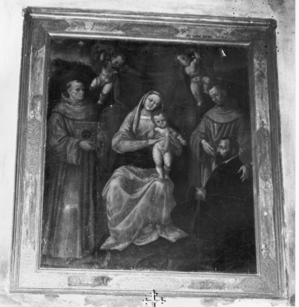 Madonna in trono tra San Francesco d'Assisi e San Bernadino da Siena e un donatore (dipinto, opera isolata) di Giovenone Giuseppe il Giovane (terzo quarto sec. XVI)