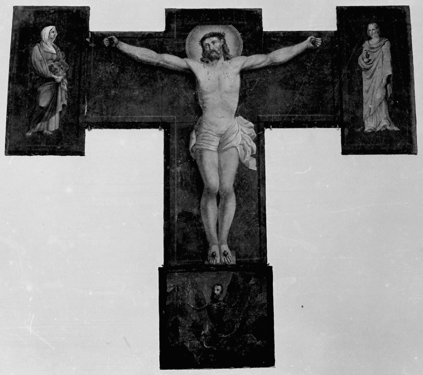 crocifissione di Cristo con la Madonna e San Giovanni Evangelista (croce da parete, opera isolata) - bottega biellese (sec. XIX)