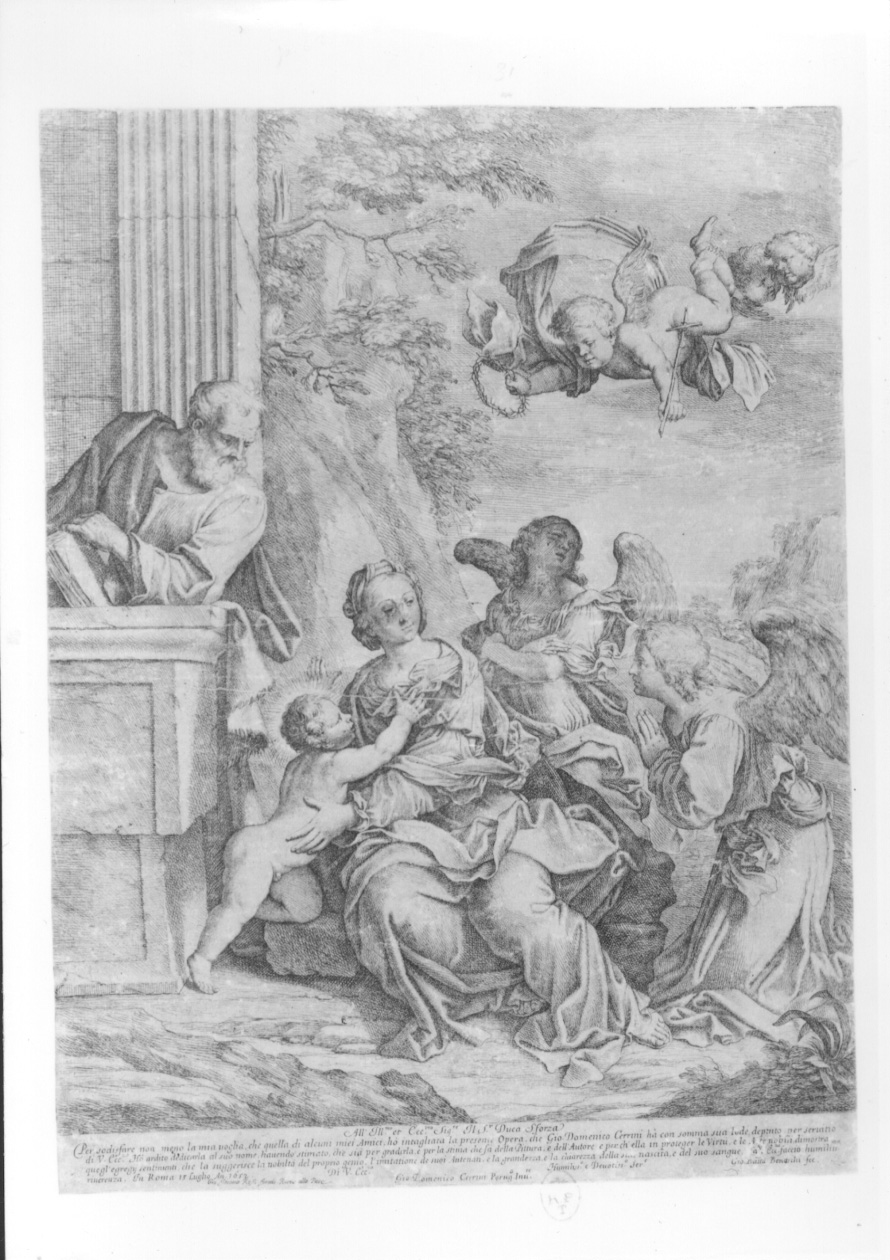 Sacra Famiglia con simboli della passione (stampa) di Benaschi Giovanni Battista, Cerrini Giovanni Domenico detto Cavaliere Perugino (sec. XVII)