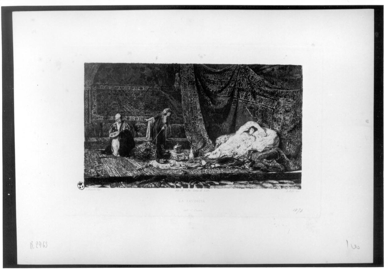 interno con scena di vita orientale (stampa) di Gilli Alberto Maso, Lovera C, Blanchi Pio (sec. XIX)