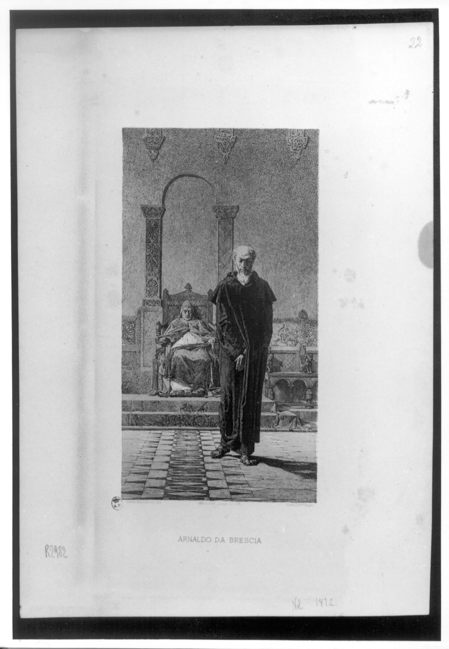 Arnaldo da Brescia dopo il diverbio con papa Adriano IV (stampa a colori) di Gilli Alberto Maso, Doyen Fratelli Ditta (sec. XIX)