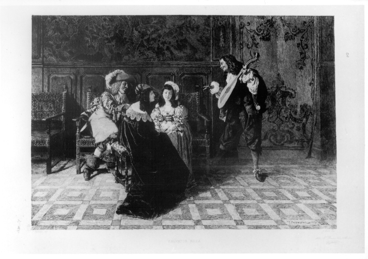 Salvator Rosa suona il liuto in un interno (stampa) di Gilli Alberto Maso, Bouvier Pietro (ultimo quarto sec. XIX)