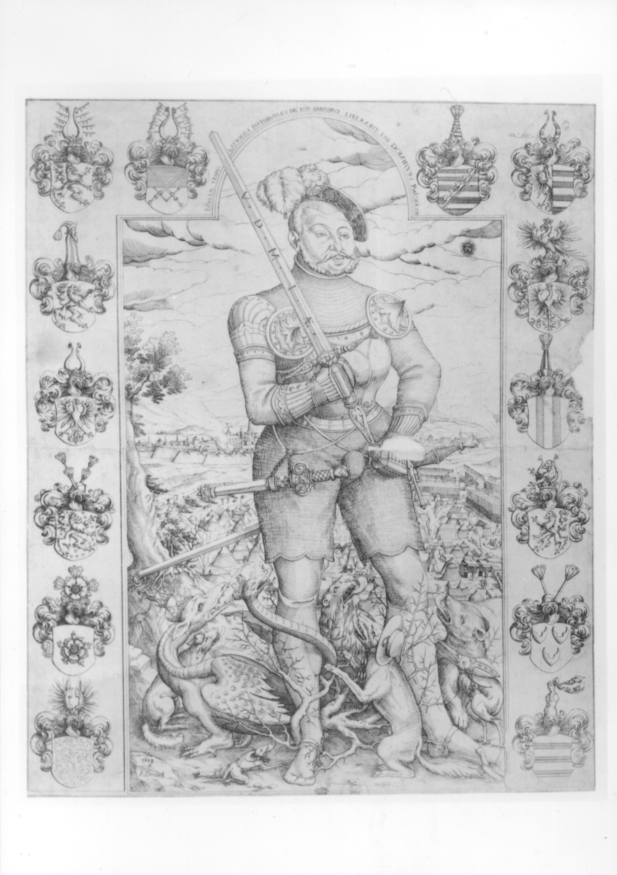 ritratto di Federico di Sassonia con stemmi (stampa) di Brentel Friedrich (sec. XVII)