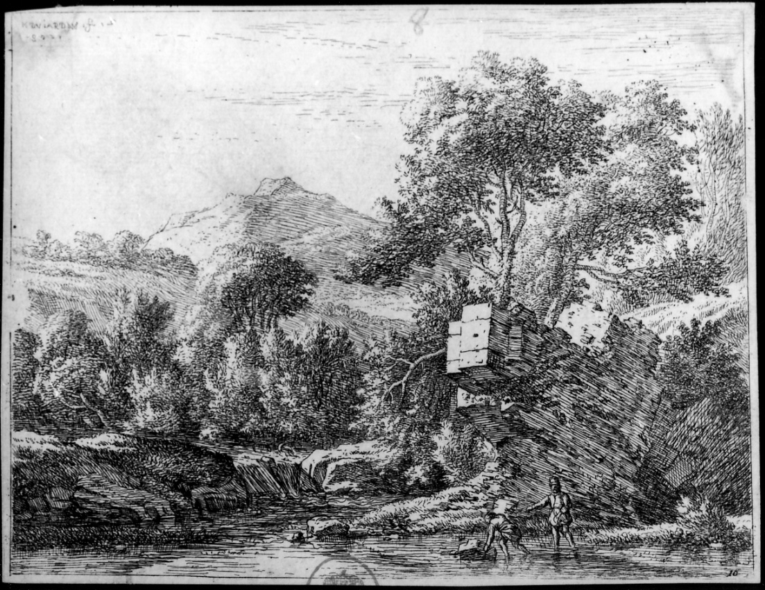 I due uomini e la pietra nel ruscello, scena campestre con figure (stampa) di Du Jardin Karel (sec. XVII)