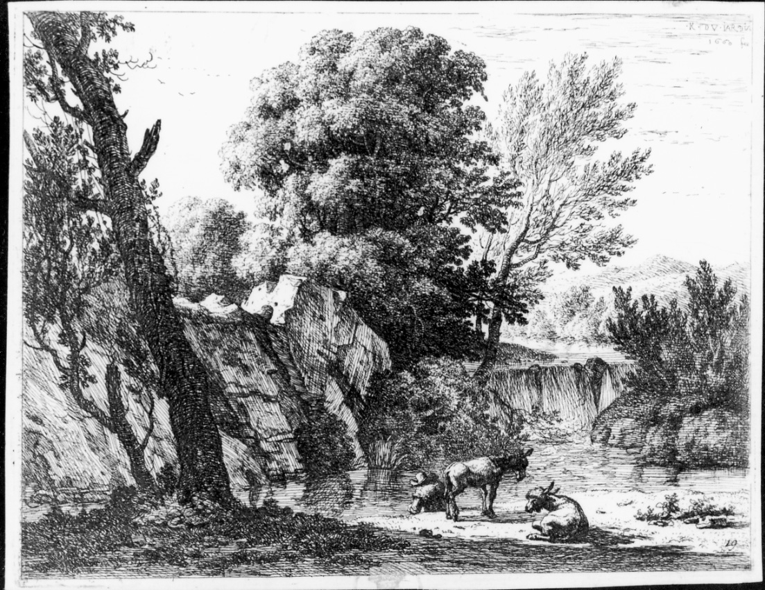 Il vagabondo e i due asini, scena campestre con figure (stampa) di Du Jardin Karel (sec. XVII)