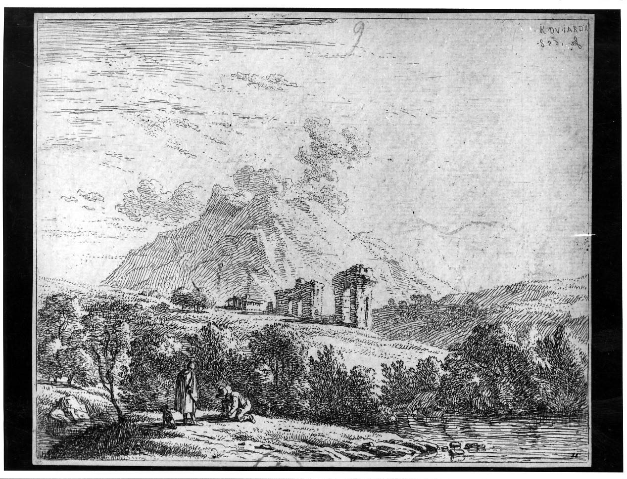 L'uomo che si calza, paesaggio con figure (stampa) di Du Jardin Karel (sec. XVII)