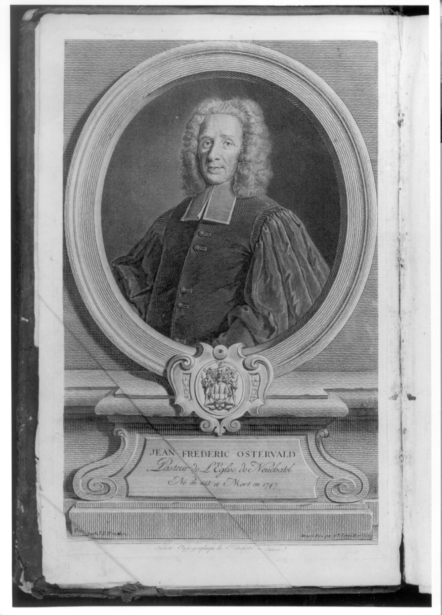 ritratto a mezza figura di Jean Frédéric Ostervald (stampa) di Hanchot J. P, Schnidten G. F (ultimo quarto sec. XVIII)