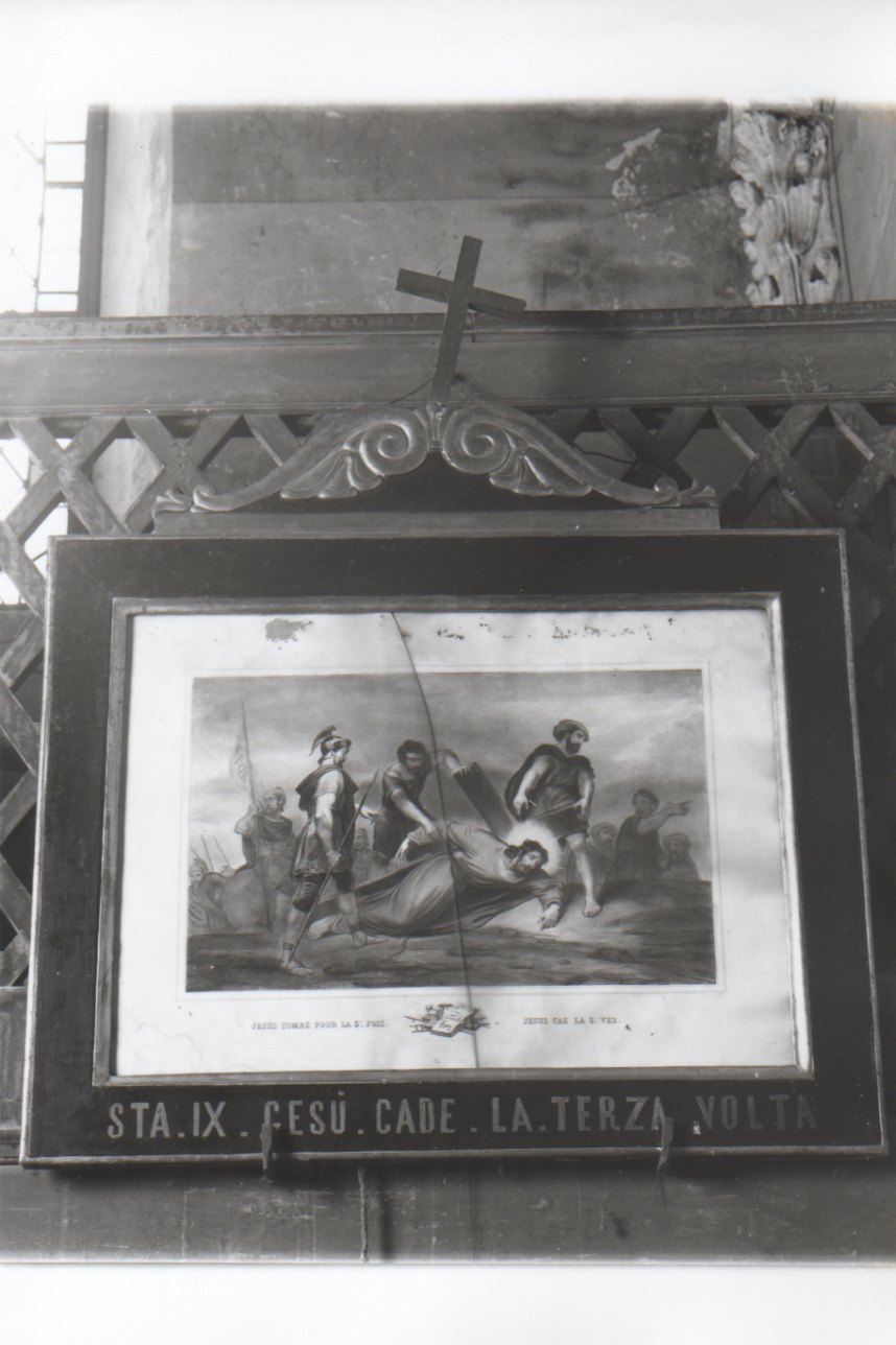 stazione IX: Gesù cade sotto la croce la terza volta (stampa a colori, elemento d'insieme) di Le Villain Françcois (primo quarto sec. XIX)