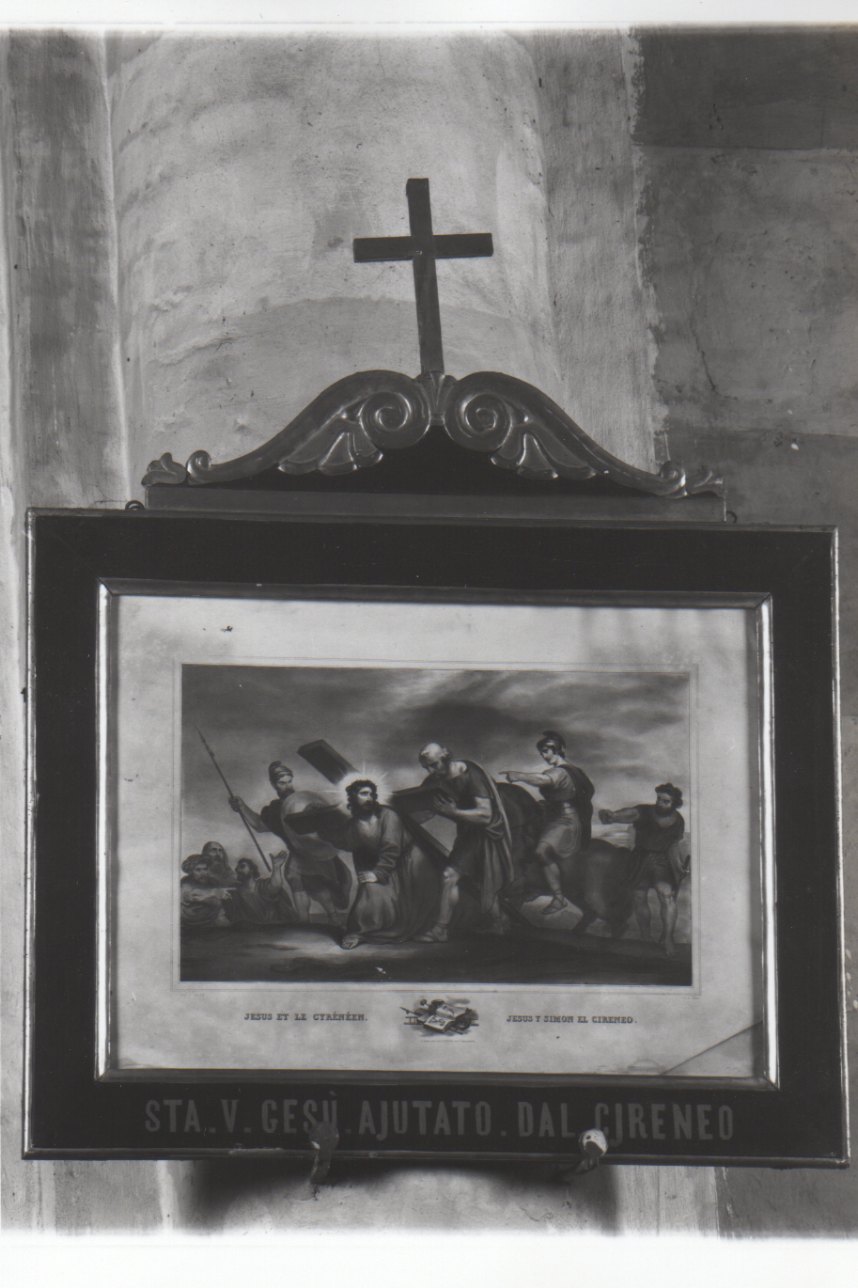 stazione V: Gesù aiutato da Simone il Cireneo a portare la croce (stampa a colori, elemento d'insieme) di Le Villain Françcois (primo quarto sec. XIX)