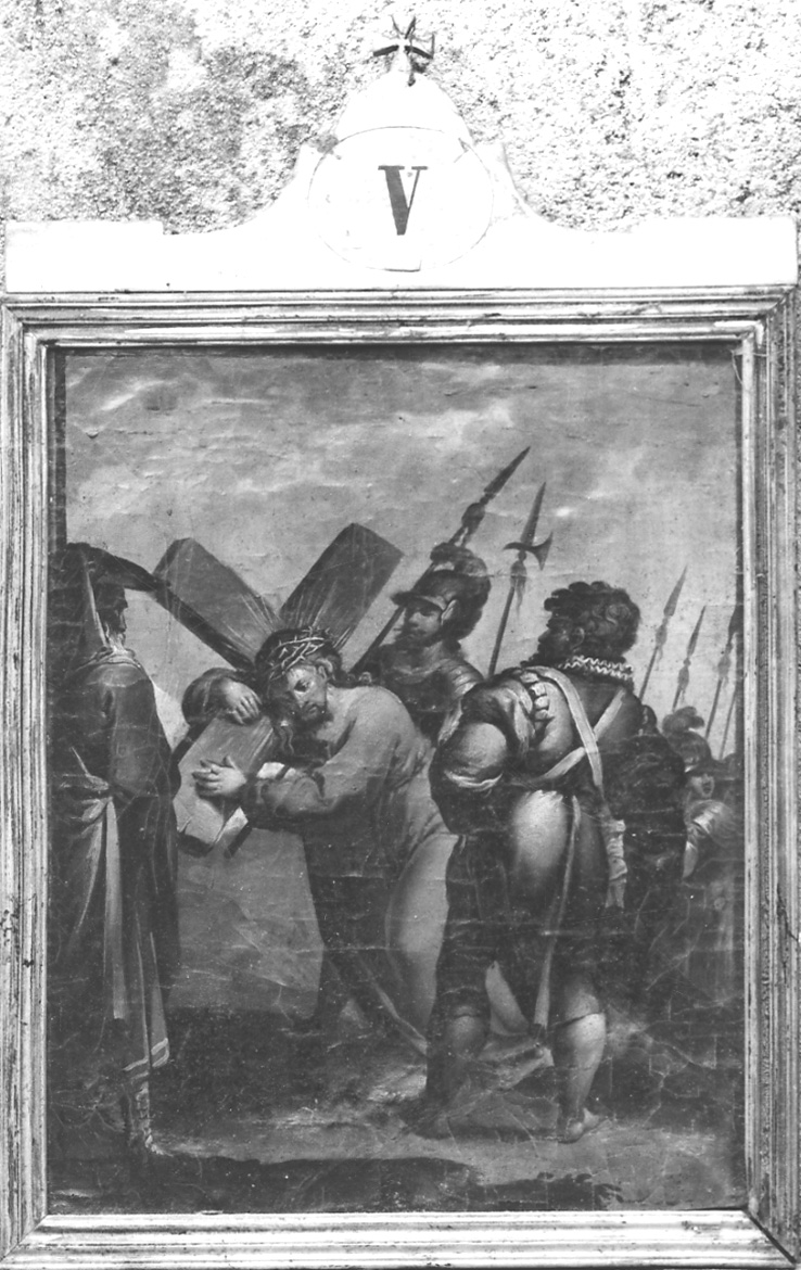 stazione V: Gesù aiutato da Simone il Cireneo a portare la croce (stampa, elemento d'insieme) - ambito cusiano (terzo quarto sec. XIX)