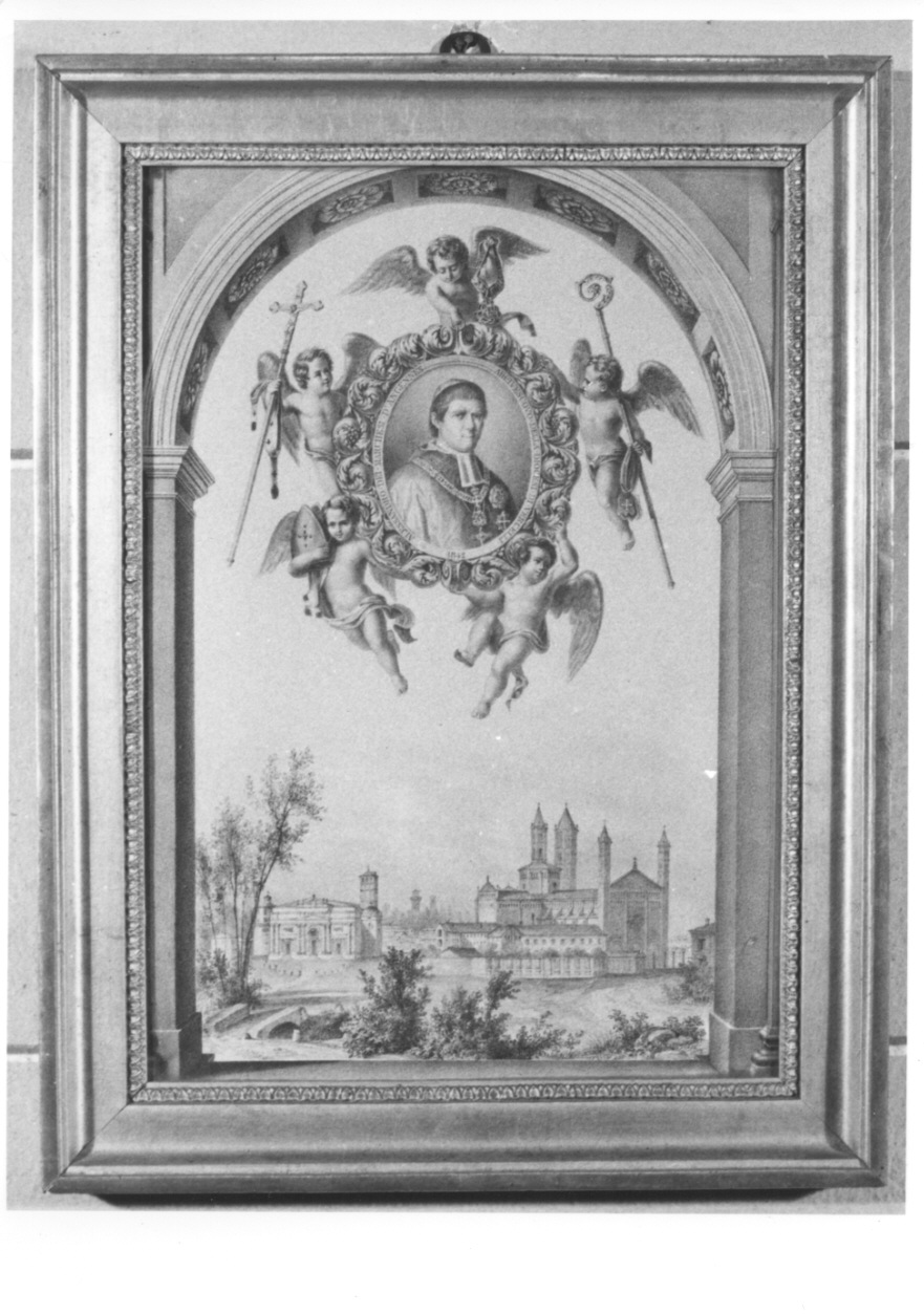 ritratto dell'arcivescovo Alessandro Vincenzo Luigi Reminiac d'Angennes entro medaglione sostenuto da angeli (stampa) - ambito piemontese, ambito piemontese (metà sec. XIX)