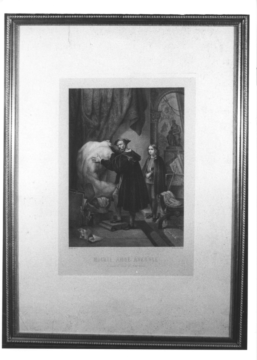 Michelangelo Buonarroti nella sua bottega (stampa) di Metzmacher Pierre Guillaume (attribuito), Blondel Merry Joseph (attribuito) (metà sec. XIX)