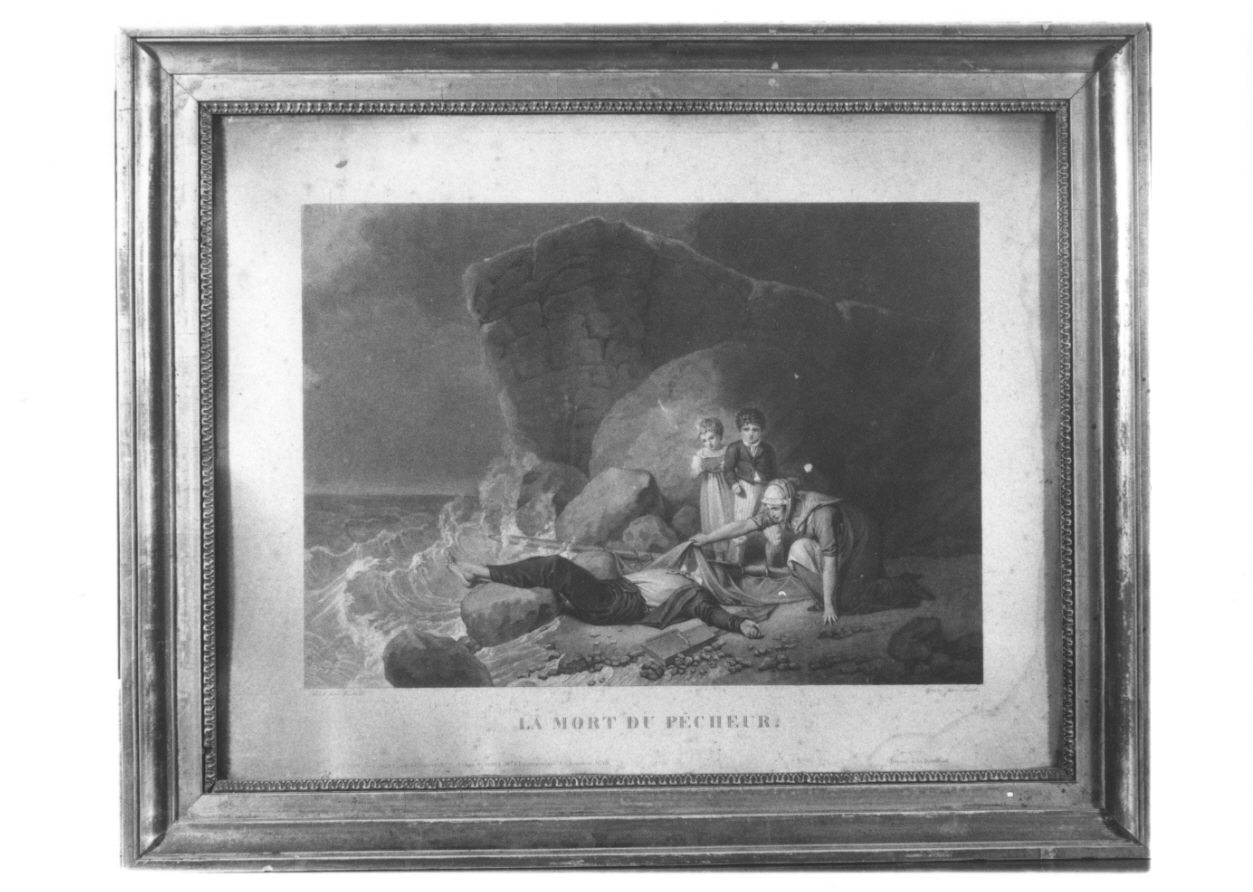 donna e bambini trovano pescatore morto sugli scogli (stampa) di Westall Richard (attribuito), Jazet Jean Pierre Marie (attribuito) (prima metà sec. XIX)