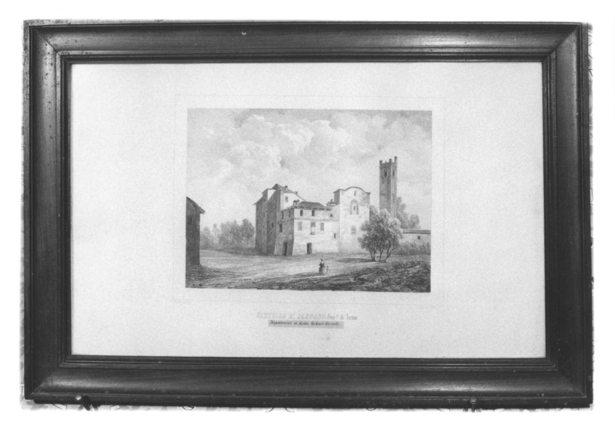 veduta del castello di Sangano (stampa, elemento d'insieme) di Gonin Enrico (metà sec. XIX)